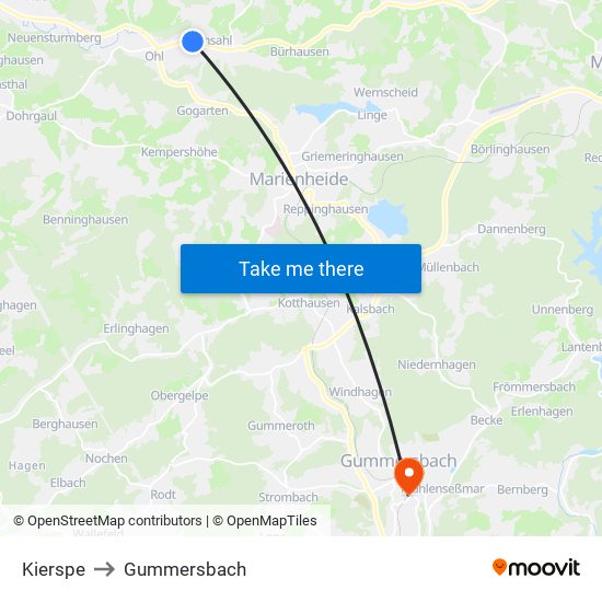 Kierspe to Gummersbach map