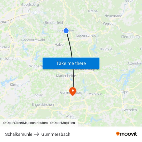 Schalksmühle to Gummersbach map