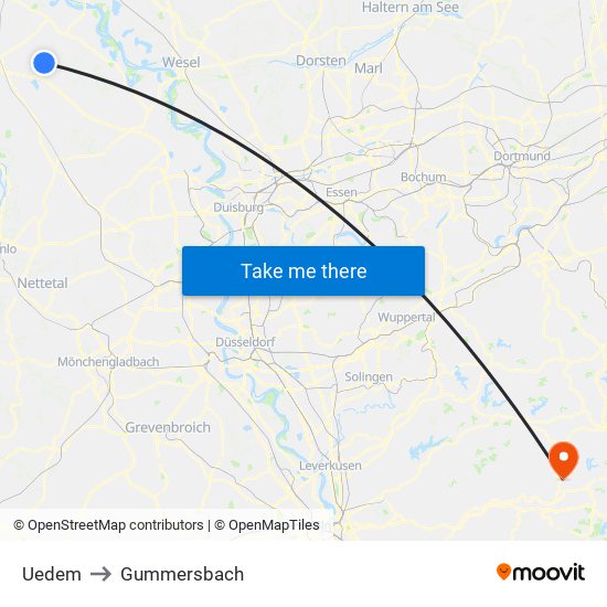 Uedem to Gummersbach map