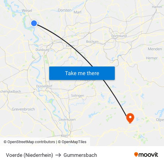 Voerde (Niederrhein) to Gummersbach map