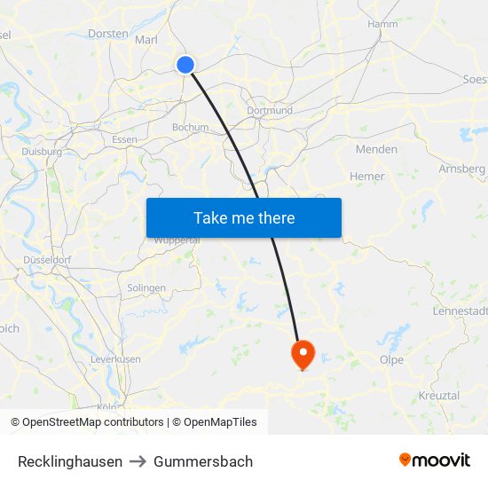 Recklinghausen to Gummersbach map