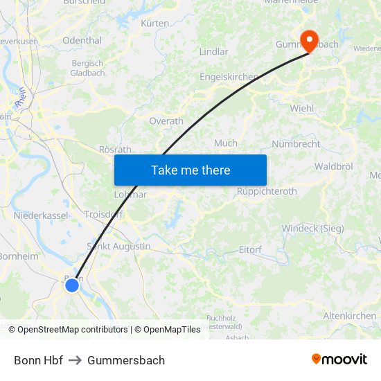 Bonn Hbf to Gummersbach map