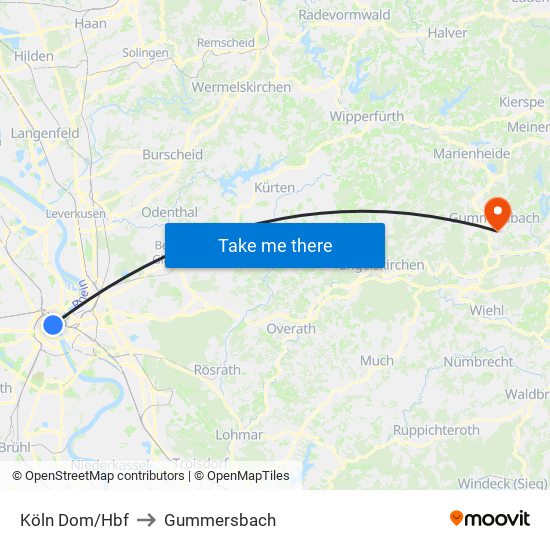 Köln Dom/Hbf to Gummersbach map