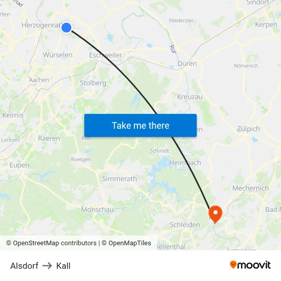 Alsdorf to Kall map