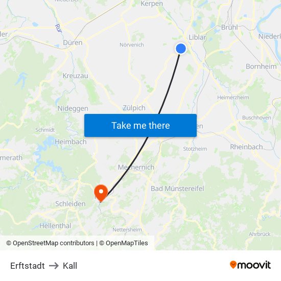 Erftstadt to Kall map