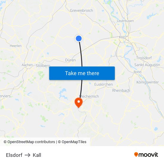 Elsdorf to Kall map