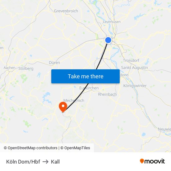 Köln Dom/Hbf to Kall map