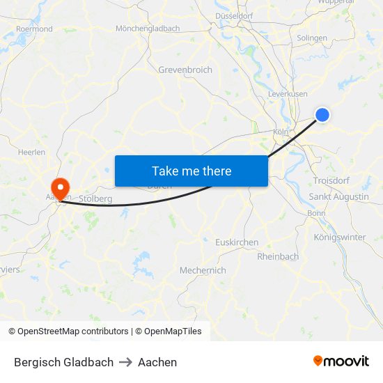 Bergisch Gladbach to Aachen map