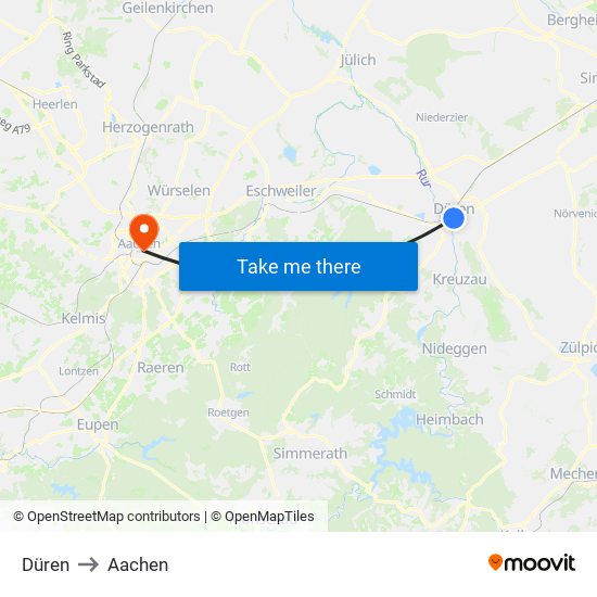 Düren to Aachen map
