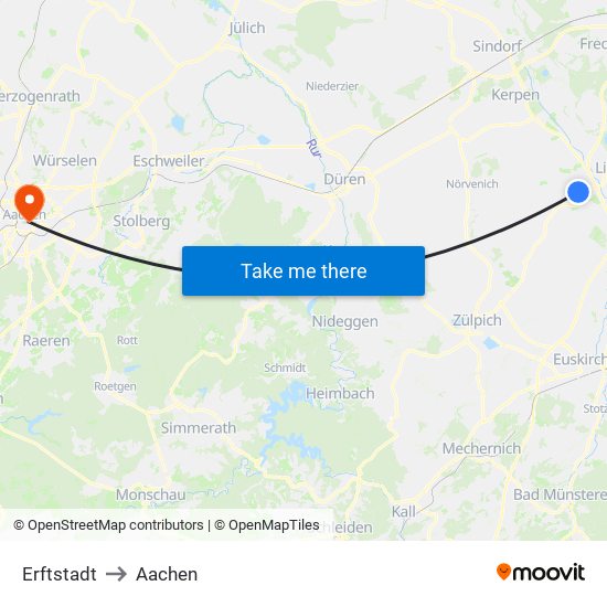 Erftstadt to Aachen map