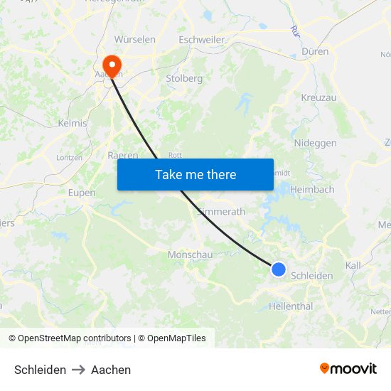 Schleiden to Aachen map