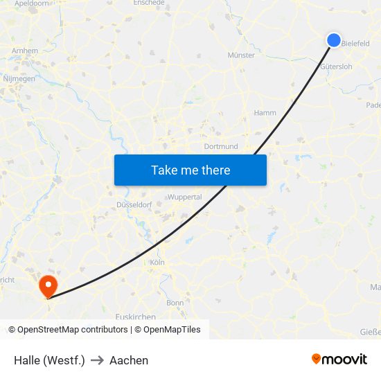 Halle (Westf.) to Aachen map