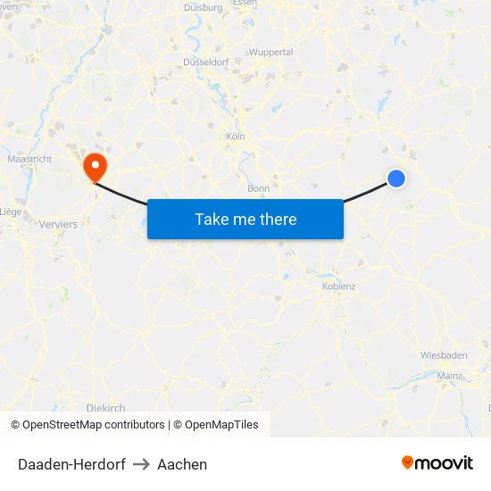 Daaden-Herdorf to Aachen map