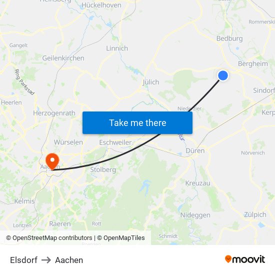 Elsdorf to Aachen map