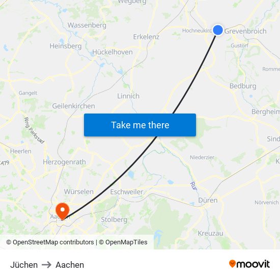 Jüchen to Aachen map