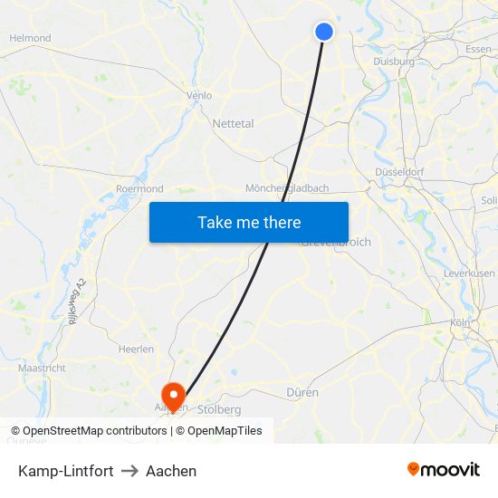 Kamp-Lintfort to Aachen map