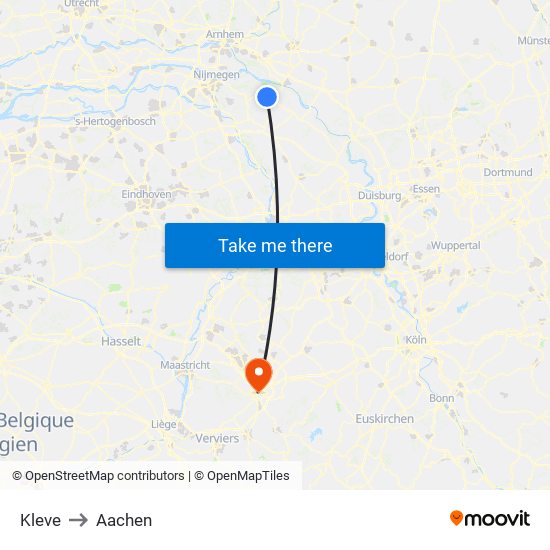 Kleve to Aachen map