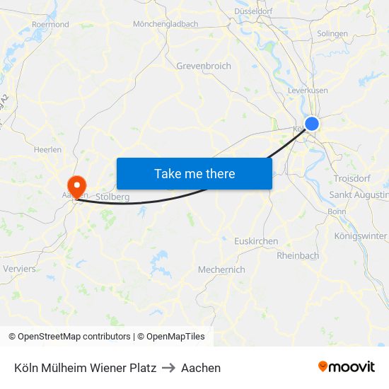 Köln Mülheim Wiener Platz to Aachen map