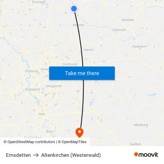 Emsdetten to Altenkirchen (Westerwald) map