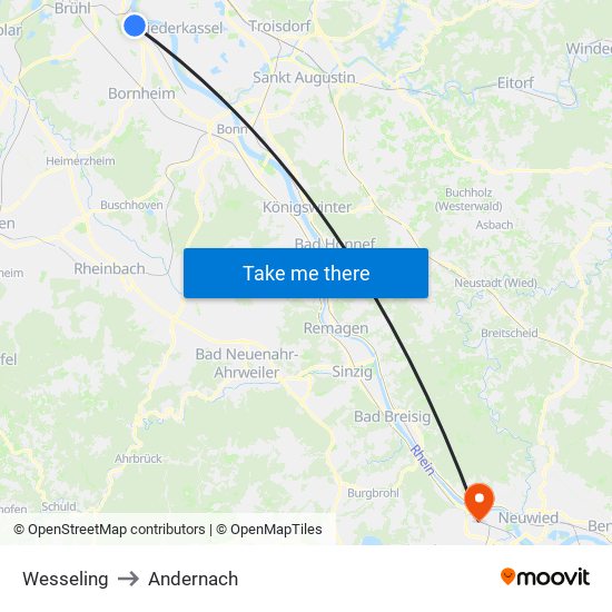 Wesseling to Andernach map