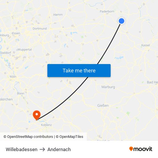 Willebadessen to Andernach map