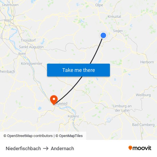 Niederfischbach to Andernach map