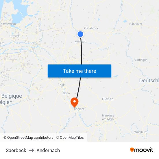 Saerbeck to Andernach map