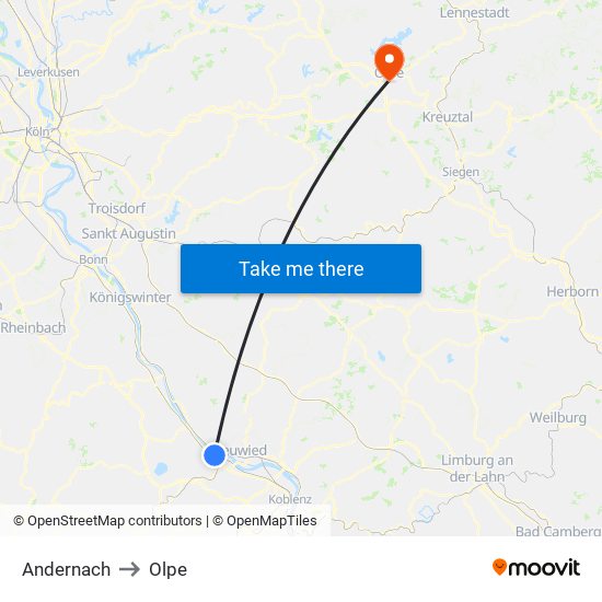 Andernach to Olpe map