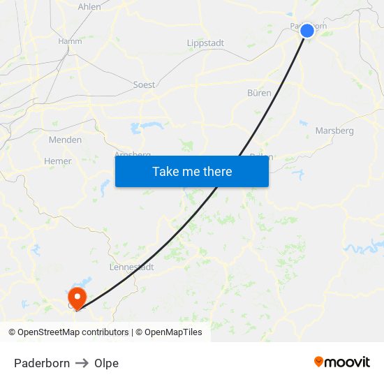 Paderborn to Olpe map