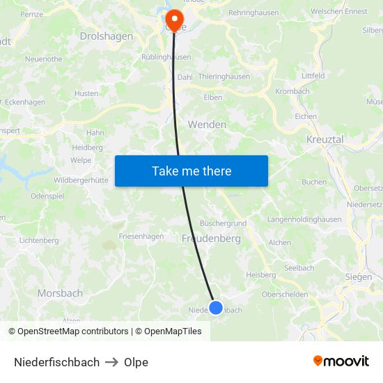 Niederfischbach to Olpe map
