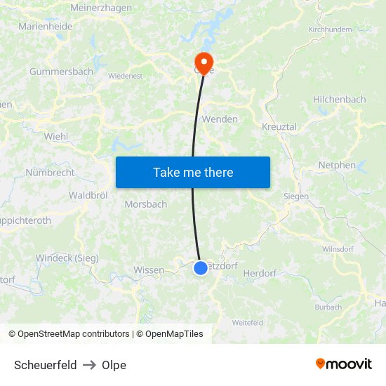 Scheuerfeld to Olpe map