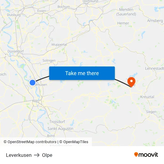Leverkusen to Olpe map