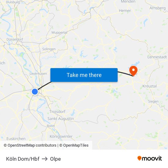 Köln Dom/Hbf to Olpe map