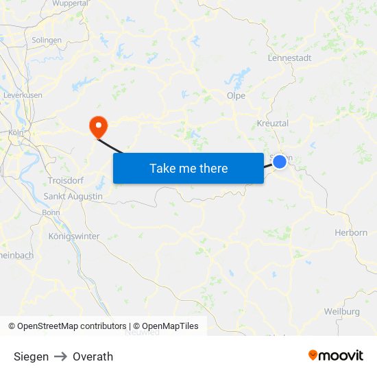 Siegen to Overath map