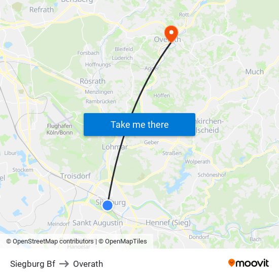 Siegburg Bf to Overath map