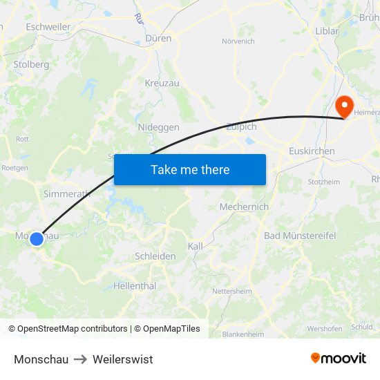 Monschau to Weilerswist map