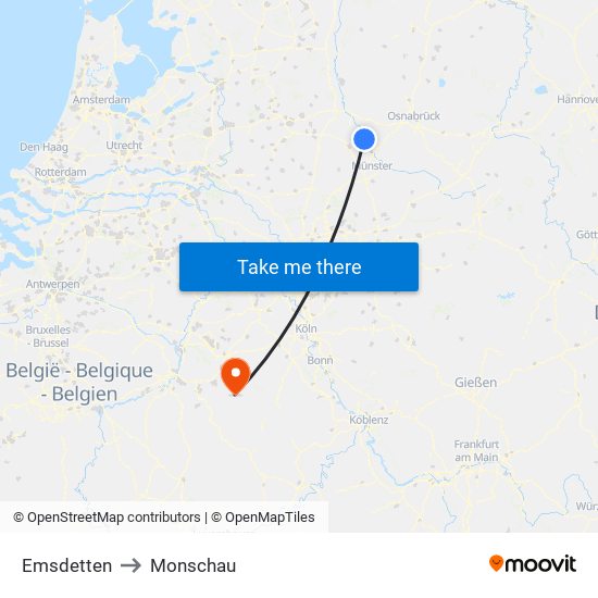 Emsdetten to Monschau map