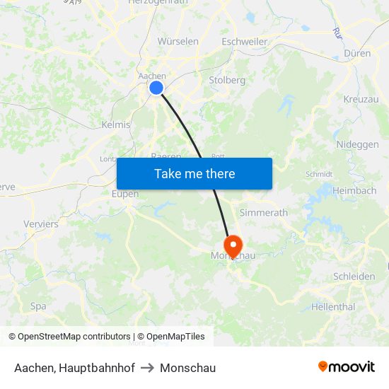 Aachen, Hauptbahnhof to Monschau map