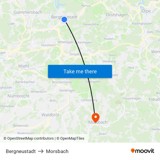 Bergneustadt to Morsbach map