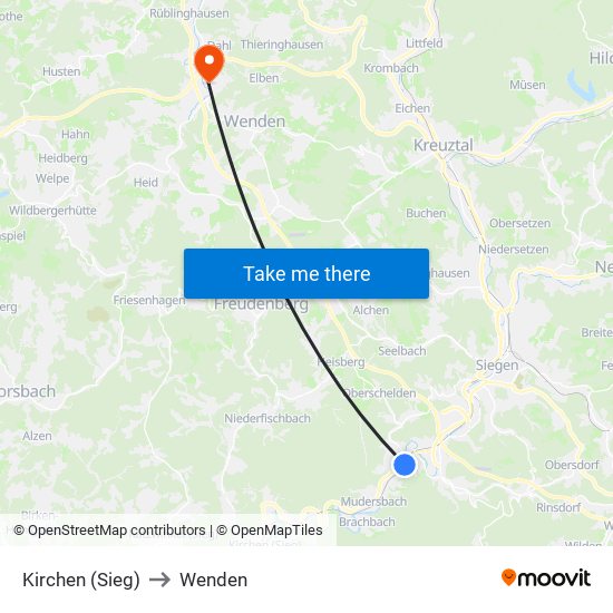 Kirchen (Sieg) to Wenden map