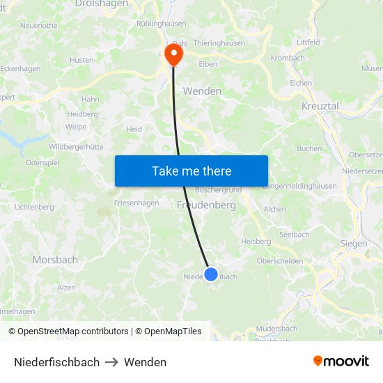 Niederfischbach to Wenden map