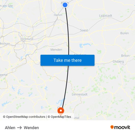Ahlen to Wenden map