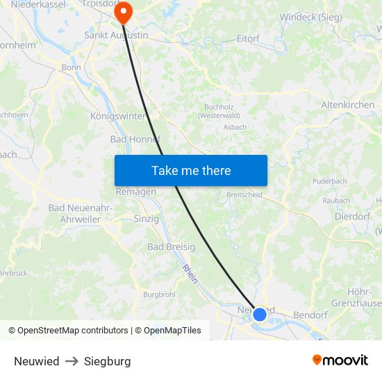 Neuwied to Siegburg map