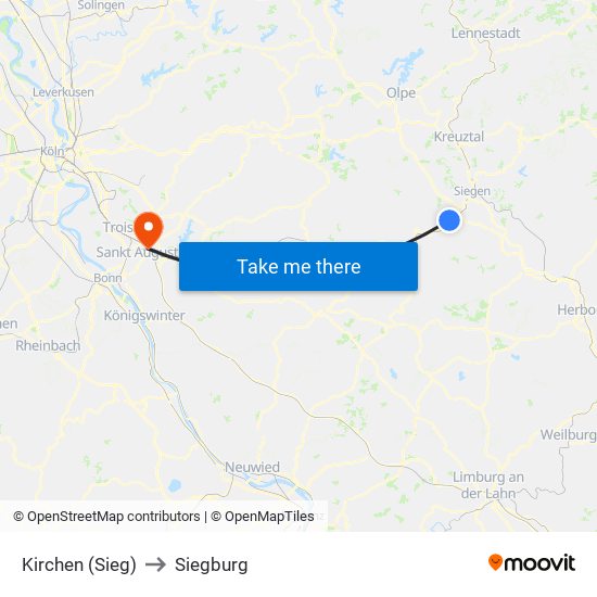 Kirchen (Sieg) to Siegburg map
