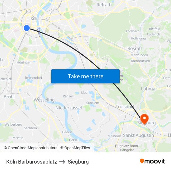 Köln Barbarossaplatz to Siegburg map