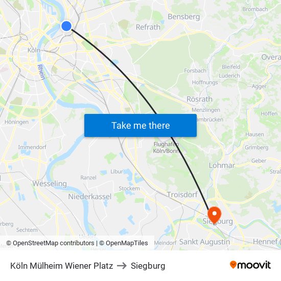 Köln Mülheim Wiener Platz to Siegburg map