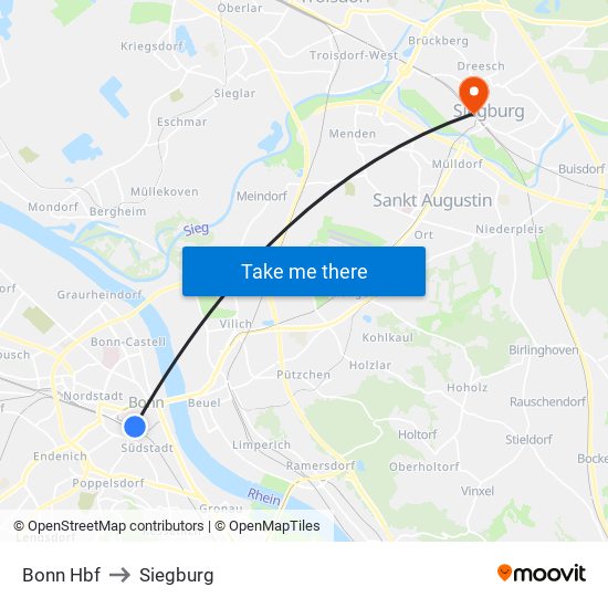 Bonn Hbf to Siegburg map