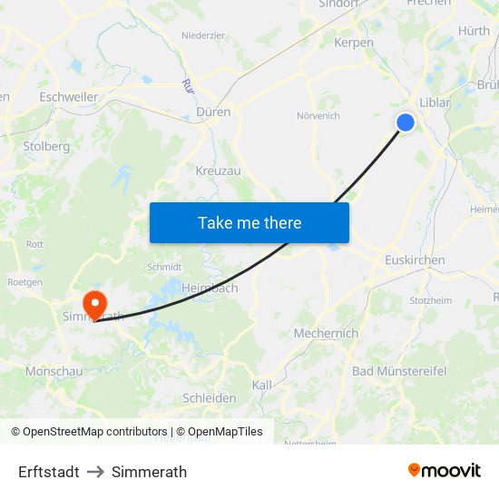 Erftstadt to Simmerath map