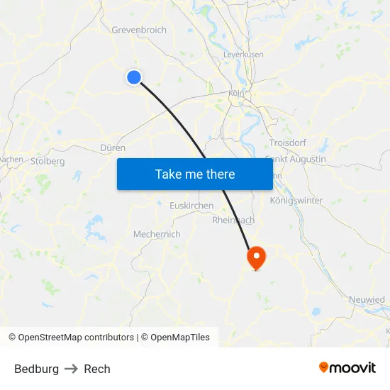 Bedburg to Rech map