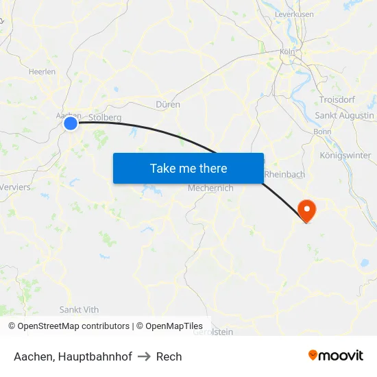 Aachen, Hauptbahnhof to Rech map